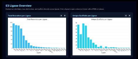 Ligase-centric overview comparing recruiter counts and unique scaffold counts across E3 ligases.