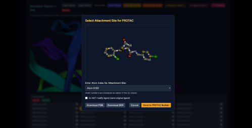 Attachment-site selection modal used to export an E3 recruiter into PROTAC Builder.