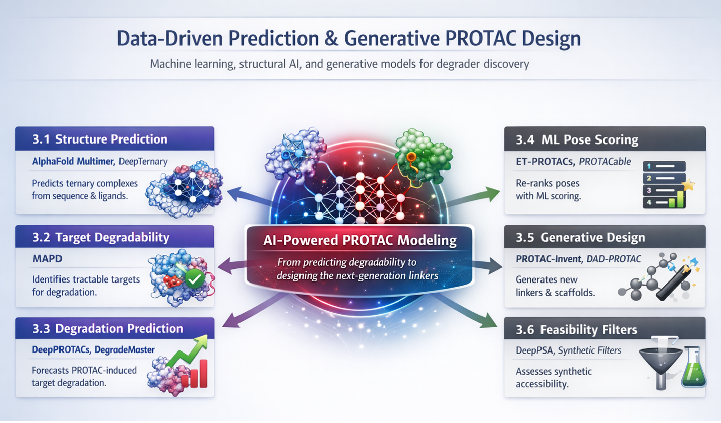 Overview of data-driven downstream PROTAC modeling strategies including geometric deep learning, degradation prediction, pose re-ranking, generative design, and feasibility filtering.