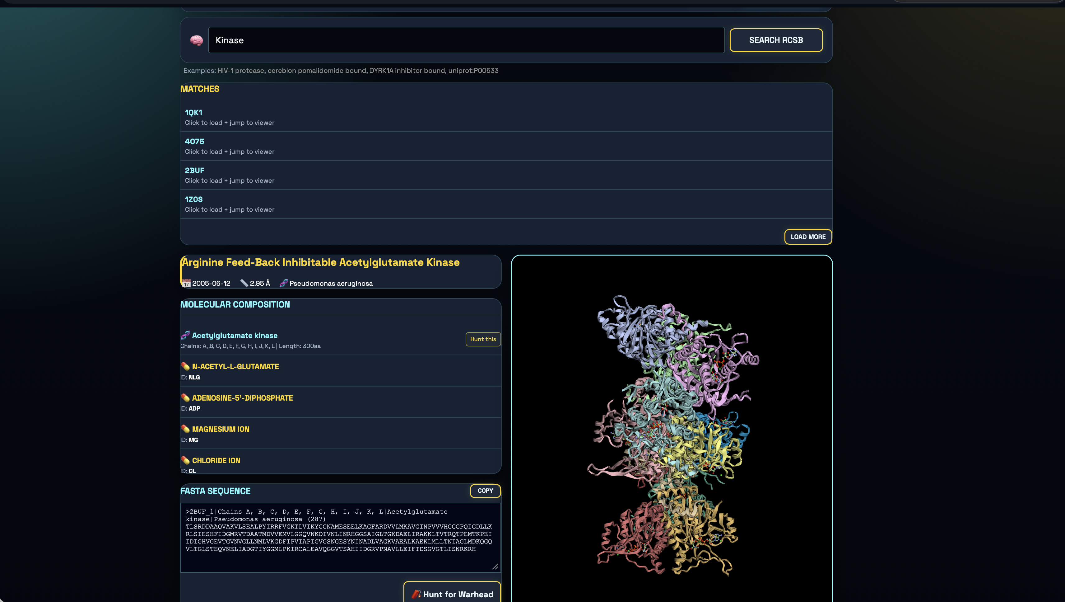 Additional RCSB Scout interface view highlighting result selection and handoff into the Warhead Hunter setup flow.